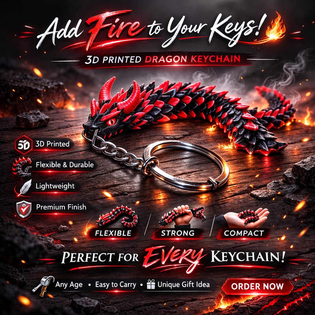 3D-printed dragon keychain with red and black design