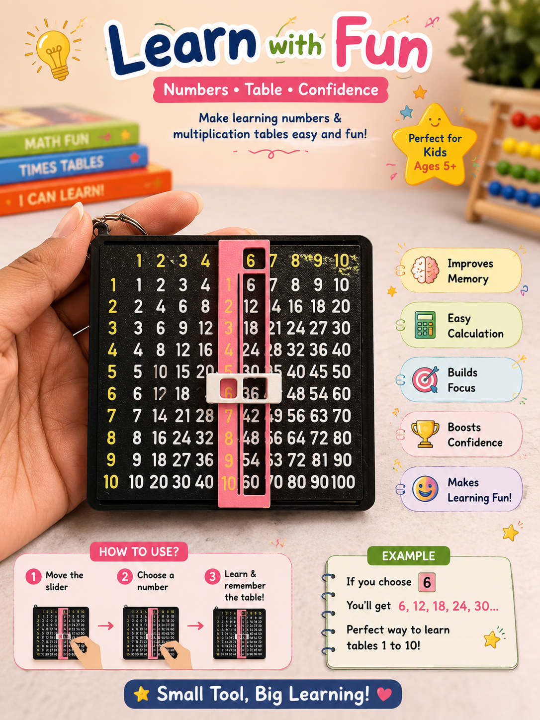 Kids Multiplication Table Learning Tool | 1–10 Times Tables Practice Board | Fun Math Learning Toy for Kids