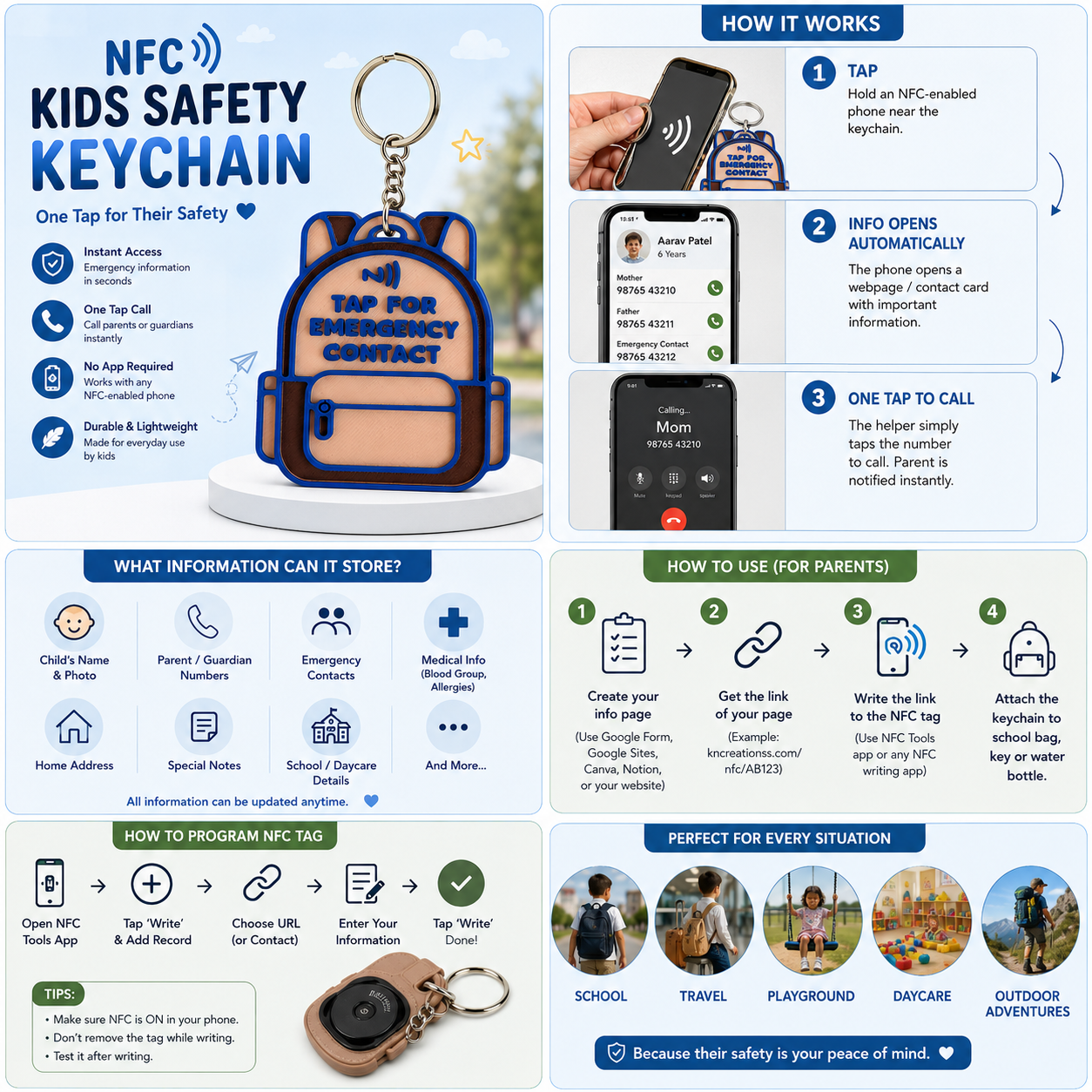 NFC Kids Safety Keychain | Emergency Contact Backpack Tag | Smart School Bag Keychain for Boys & Girls