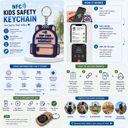 NFC Kids Safety Keychain | Emergency Contact Backpack Tag | Smart School Bag Keychain for Boys & Girls