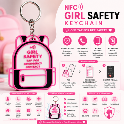 NFC Kids Safety Keychain | Emergency Contact Backpack Tag | Smart School Bag Keychain for Boys & Girls
