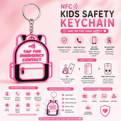 NFC Kids Safety Keychain | Emergency Contact Backpack Tag | Smart School Bag Keychain for Boys & Girls
