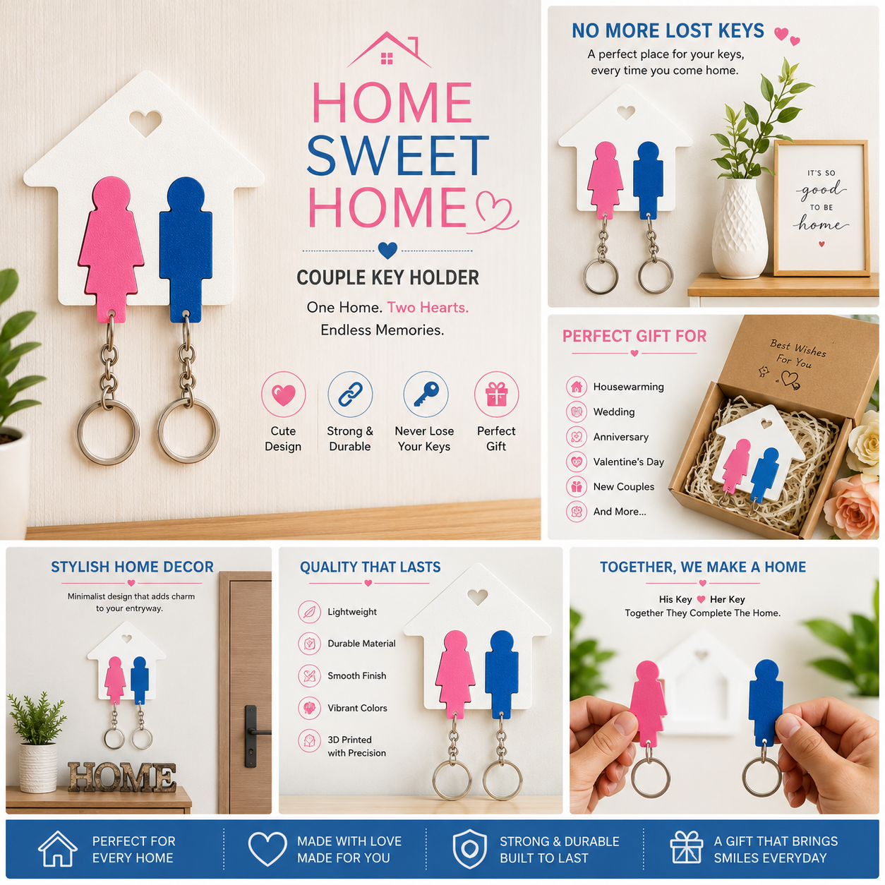 Home Sweet Home Couple Key Holder | Wall Mounted Key Hanger | Romantic Housewarming Gift for Couples