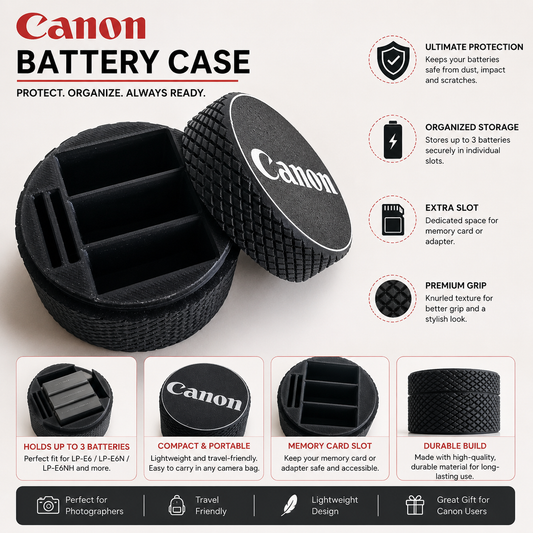 Canon LP-E6 Battery Case | Camera Battery Storage Organizer | Holds 3 Batteries + SD Card Slot