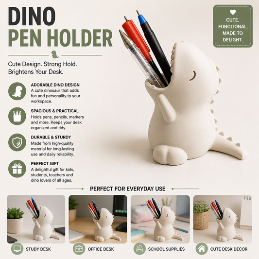 Cute Dinosaur Pen Holder | Kawaii Desk Organizer for Pens, Pencils & Stationery