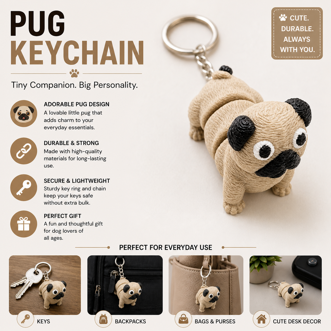 Cute Pug Dog Keychain – Mini Cartoon Animal Keyring for Gifts