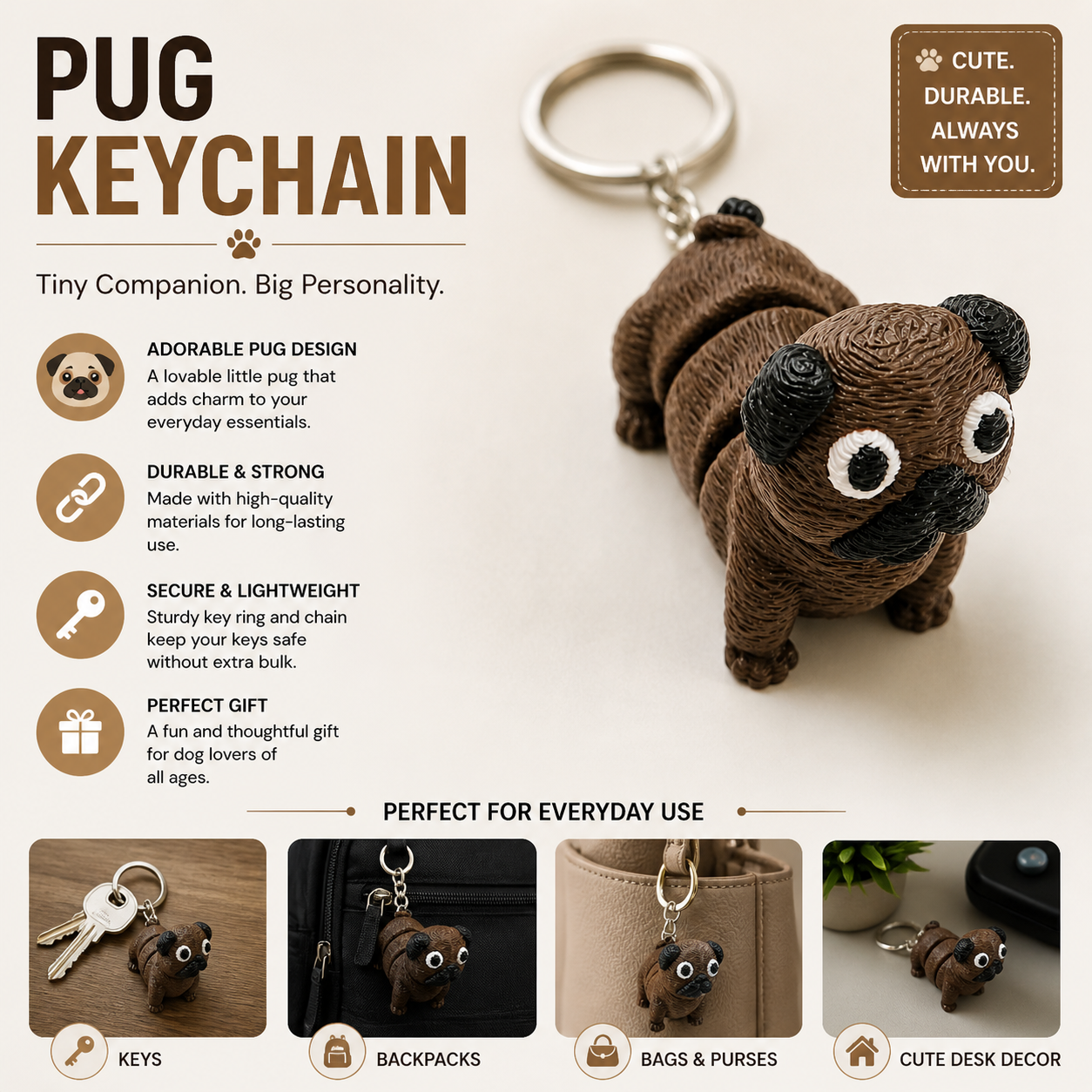 Cute Pug Dog Keychain – Mini Cartoon Animal Keyring for Gifts
