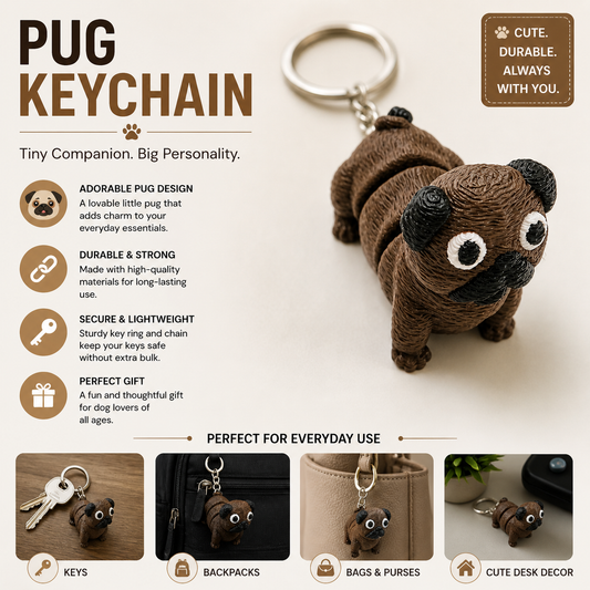 Cute Pug Dog Keychain – Mini Cartoon Animal Keyring for Gifts