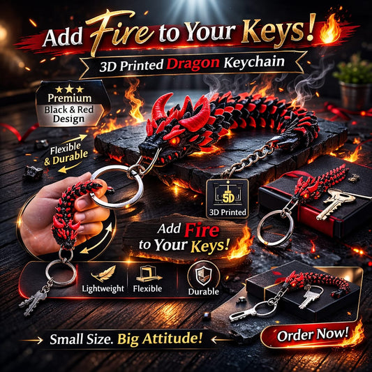 3D-printed dragon keychain with red and black design
